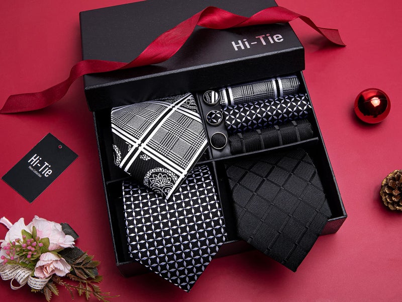 Hi-Tie 3 Pcs Gift Box Mens Tie Set Necktie with Pocket Square Cufflinks Lapel Pin Silk Neck Tie Collection,Teal Green Purple - Image 2